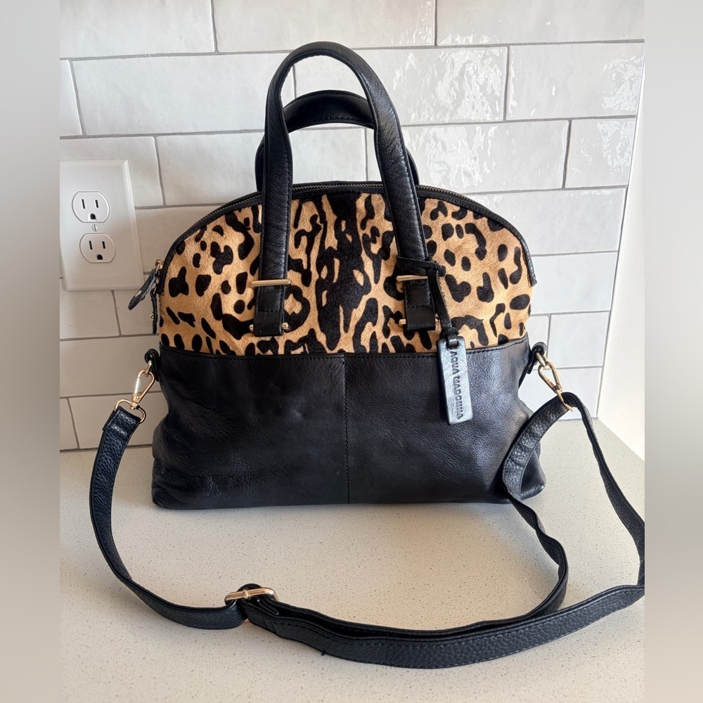 Aqua Madonna Large Cowhide w/ Fur Animal Print Shoulder Tote Bag